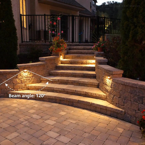 Outdoor stone steps illuminated by Low Voltage LED Deck Lights Set For Outdoors, 170 Lumen 4.09 Inch Landscape Step Rail Fence Lighting.