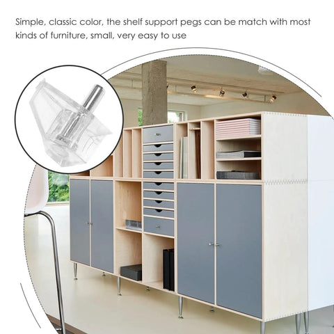 100 Pieces Plastic Cabinet Shelf Pegs Dead Easy To Use Locking Shelf Pins for bookshelves, shown with wooden cupboard setup
