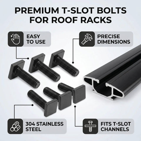 No Drill Install Heavy Duty Four Square Head T Slot Bolt Adapters For Roof Rack Crossbars Smooth Slide Fit Durable Hardware Kit, 304 stainless steel bolts with precise dimensions.