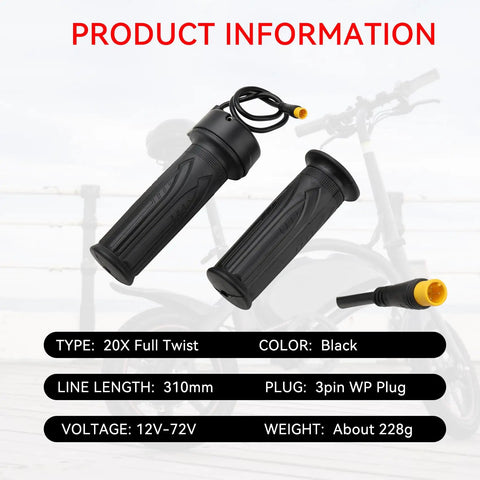 Full Twist Ebike Throttle Grip 12V To 72V with 3 Pin Waterproof Connector on black handlebar, shown with specifications