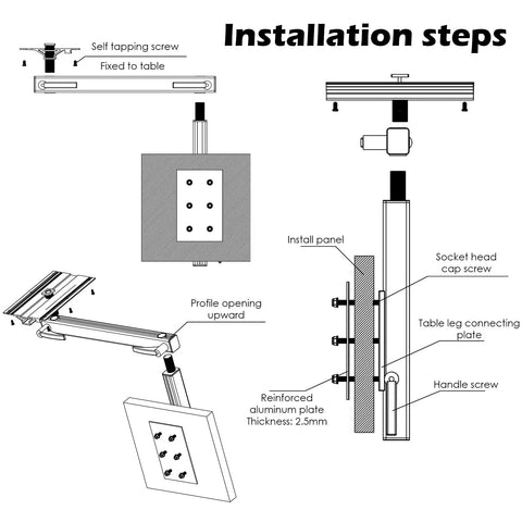 Installation steps for Removable RV Table Base Mount With 360 Degree Rotation Desk Leg, showing screws and panel connection.