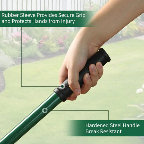 Close up of hand gripping steel handle of Heavy Duty Five Tine Broad Fork With Steel Handle For Garden Loosening And Aeration.