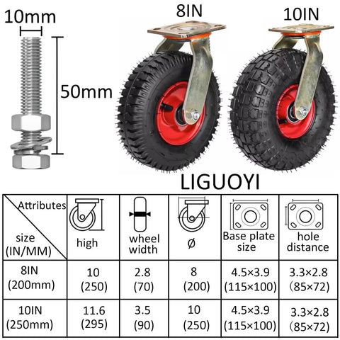 Built Tough Heavy Duty Caster Wheels Smooth 10 Inch Pneumatic Tires and 8 Inch with hardware specifications and details.