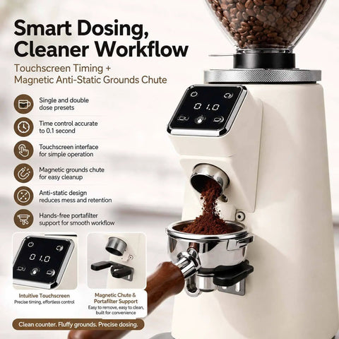 Badass Espresso Coffee Grinder With 64mm Flat Burrs And Programmable Digital Timer For Dead On Single Double Shots showing touchscreen and coffee grounds chute.