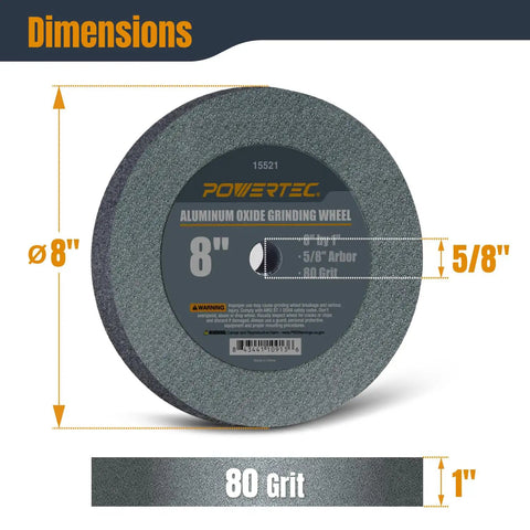 Front view of 8 Inch Aluminum Oxide Grinding Wheel for Bench Grinder with Five Eighth Inch Arbor, 1 Inch Thick, 80 Grit label visible.