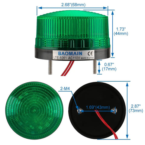 Hella Bright Industrial Green Strobe Warning Light Ac 110V 3W Led Beacon For Factory And Construction Sites, 2.68in diameter.