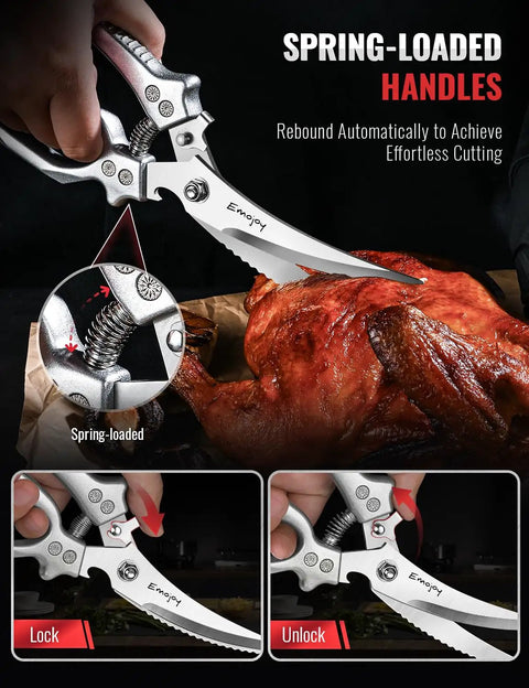 Two Piece Kitchen Scissors Set With Poultry Shears Japanese Stainless Steel All Purpose Kitchen Shears For Food Chicken Bones Fish Scales Nuts Herbs Packaging Plus More Dishwasher Safe, spring-loaded close-up