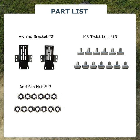 Part list of Stainless Steel Awning Mounting Brackets For Rooftop Tent Side Tracks, 1 Pair, with bolts and nuts shown.