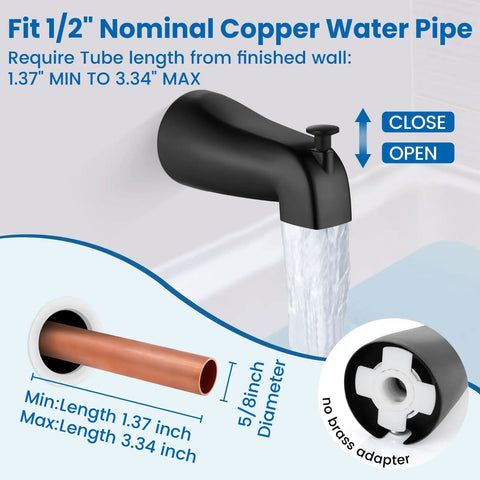 Hassle Free Matte Black Shower Faucet Set With Six Inch Rainhead And Tub Spout Solid Brass Rough In Valve All In One Bath Kit, showing tub spout and copper connection.
