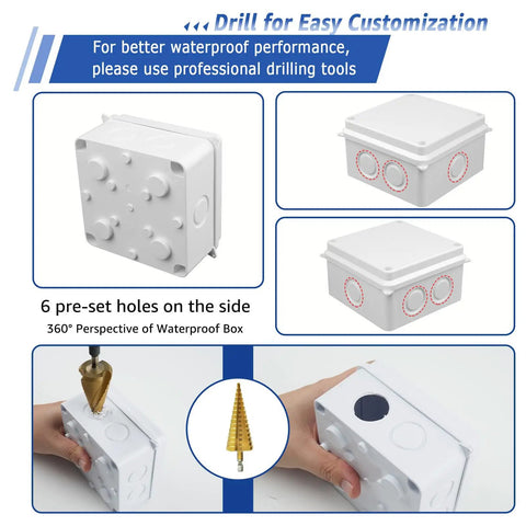 White Outdoor Junction Box IP65 Waterproof Electrical Enclosure Built Tough From Durable ABS For All Weather Rain Dust Protection 3.9 x 3.9 x 2.8 Inch Project Box Pack Of 100, side holes and drill customization