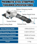 Heavy Duty Pneumatic Metal Strapping Tool Set with 8500N Tension features and specifications chart.