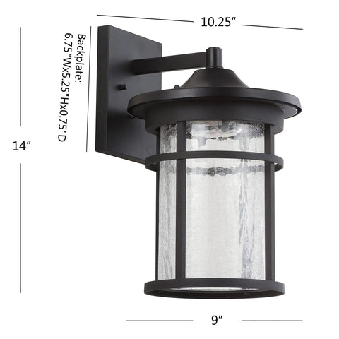 10.25 Inch Black And Clear Outdoor Wall Lantern With Integrated LED, Modern Farmhouse Exterior Sconce For Entryway Patio Or Garage, Clear Crackled Glass Shade, Always Flicker Free Lighting, ETL Listed.