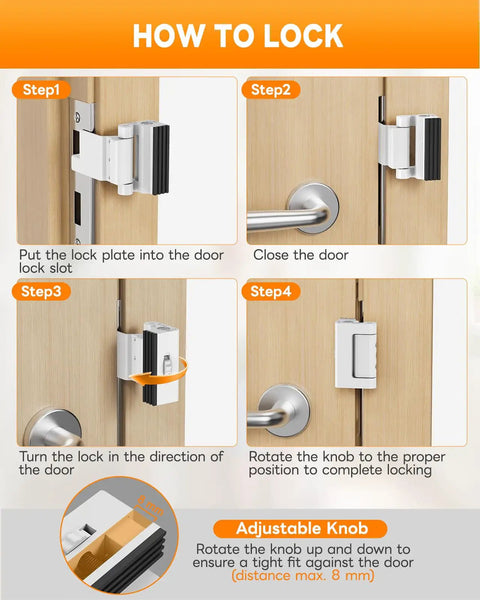 Step-by-step guide on using the Heavy Duty Portable Door Lock For Travel Security on a wooden door.