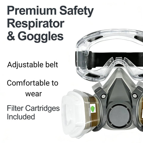 Pro Grade Reusable Half Face Respirator Kit With Anti Fog Safety Glasses And Filters For Dust Paint And Sanding, Comfortable Silicone Facepiece, Durable Particulate Protection For Heavy Duty Jobs shown with goggles and filters.