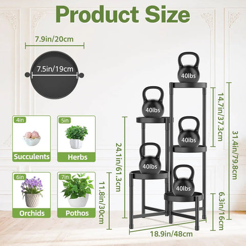 Product size chart showing Premium 5 Tier Metal Corner Plant Stand For Indoor Outdoor Use with plant pot measurements.