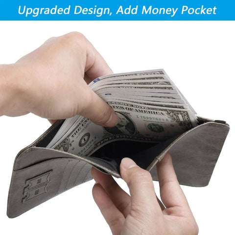 Hands holding grey Passport Holder Wallet With RFID Blocking Leather Card Case For Travel Essentials, showing money pocket.