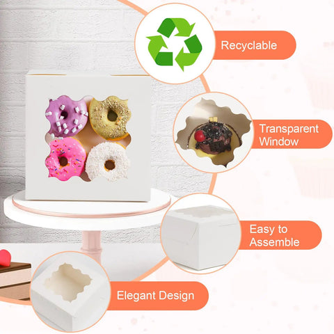 Premium White Cookie Boxes With Clear View Window And Included Thank You Labels 12 Pack Sized At 6X6X3 Inches showing assorted donuts with transparent window.