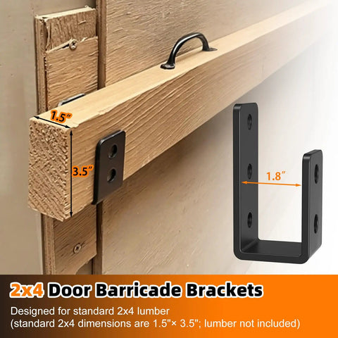 4 Pack Premium Extra Thick Beefy Door Barricade Brackets Black Hella Secure U Shaped Security Bars For 2x4 Lumber showing dimensions.