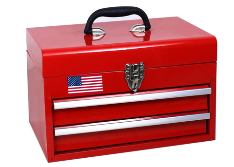 Red toolbox with a Patriotic USA Flag Sticker Pack Six White 1x2 Inch Decals For Hard Hats Biker Helmets Tool Boxes And Work Gear.