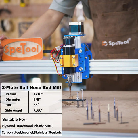 2-Flute Ball Nose End Mill installed on CNC router, showing 1/16 inch radius, used for plywood, hardwood, plastic, and more.