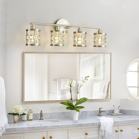 4 Light Bathroom Vanity Light Fixture Over Mirror In Brushed Nickel With Cylinder Crystal Shade in a modern bathroom setting