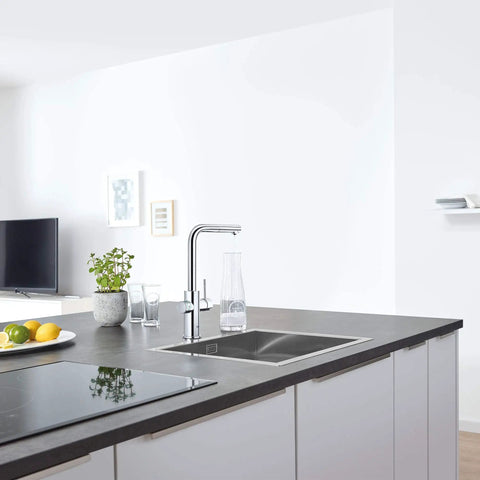 Clean Lines Single Handle Pull Out Kitchen Faucet With Laminar Spray Led Knobs For Chilled Sparkling Water Butter Smooth Pour 180 Swivel Spout Real Game Changing Kitchen Upgrade in modern kitchen setting.