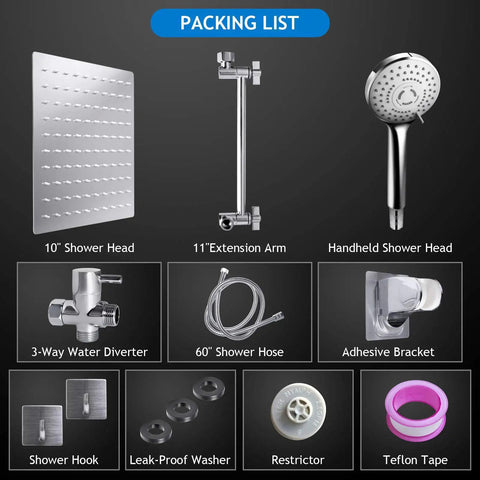 Slick 10 Inch Square Rain Shower Head Combo Paired With A Killer High Pressure Handheld Sprayer Plus 11 Inch Extension Arm And Five Easy Swap Spray Modes For A Quick Bathroom Glow Up packing list of shower components.