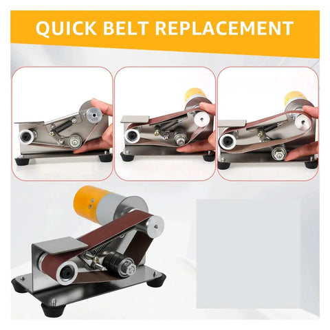 Mini Electric Belt Sander And Knife Sharpener Set Multifunctional Tool For Grinding Polishing Fixing Edges Portable Desktop Machine showing quick belt replacement.