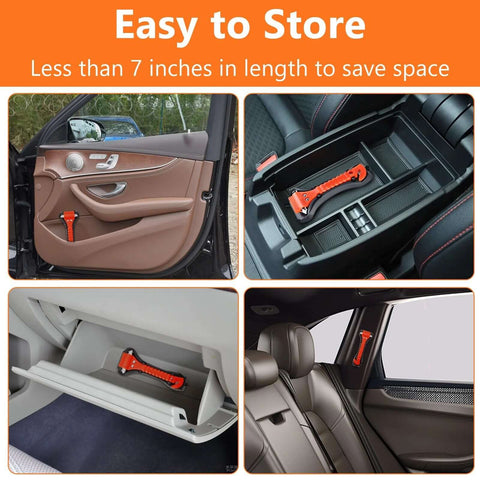 BFXM 2-in-1 orange car window breaker hammer and seat belt cutter; two-pack shown in door pocket and center console.