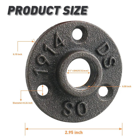 One Inch Floor Flange Set For Industrial Vintage Style Pipe Fittings Built To Last For DIY Projects Furniture Shelving Decor And Wall Mounts 10 Pack Beefy Black Iron close-up showing dimensions.