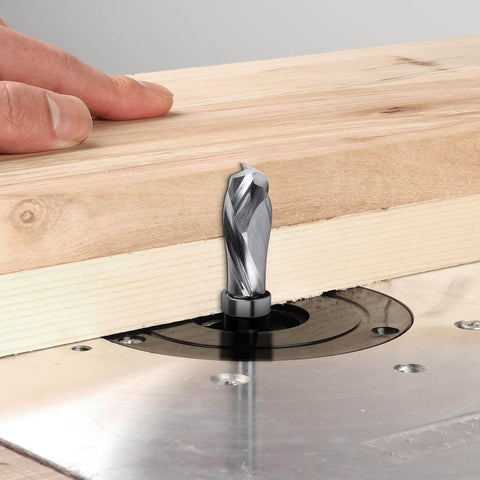 Pro Grade Extra Long Compression Flush Trim Router Bit With One Quarter Inch Shank And One Half Inch Cutting Diameter One And A Quarter Inch Cutting Length Spiral Pattern Template Router Bit For CNC Woodworking Edge Trimming in use on router table trimming wood edge