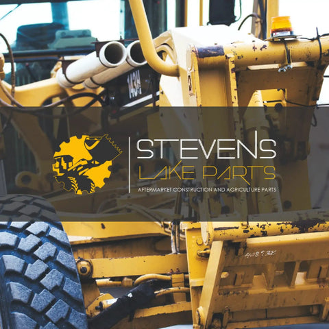 Construction vehicle with Stevens Lake Parts logo, providers of agricultural and construction aftermarket parts