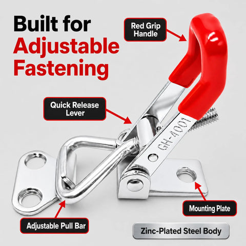 Sixteen Pack Adjustable Toggle Clamp 330 Lb Heavy Duty 4001 Style Toggle Latch Hasp Clamp with red grip handle and mounting plate