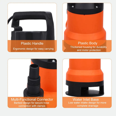 Heavy Duty Submersible Sump Pump With Tough Bottom Suction And Automatic Float Switch To Kick Standing Water Out Of Basements Ponds And Lawns Quickly Powered By A Reliable Pure Copper Motor And Us Plug For Serious Flood Cleanup with plastic handle and connectors.
