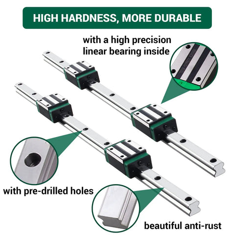Two 900mm HGR20 Linear Guide Rails With Four HGH20CA Carriers Kit showing pre-drilled holes and anti-rust finish for CNC use