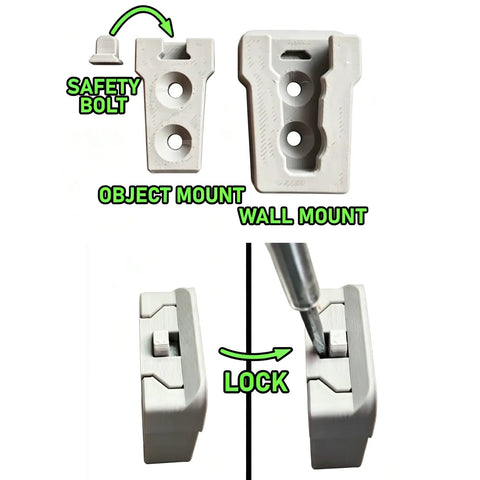 Universal Wall Mount Bracket System with Safety Lock Bolt, Object Mount, and Lock Mechanism Detail