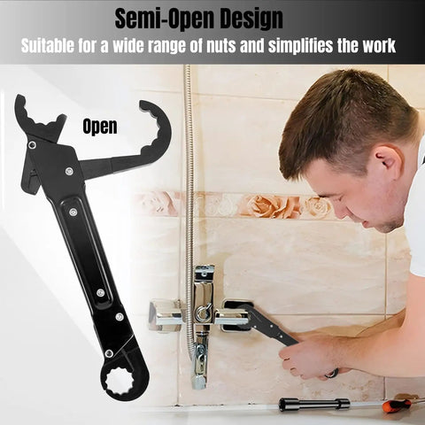 Dual Kwik Tite Angle Stop Wrench Kit in use under bathroom sink, ideal for tightening supply nuts and toilet valves.