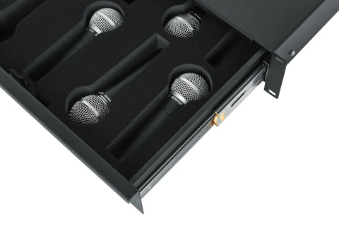 Close-up of Lockable 2U Wired Microphone Rack Drawer Stores 10 Pro Mics With Tidy Recording Cabling Crafted From Gnarly Heavy Steel.
