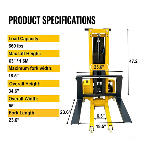 Specifications chart of Heavy Duty Electric Pallet Lift Stacker With Remote Controlled Height Tweaking And Wide Forks.
