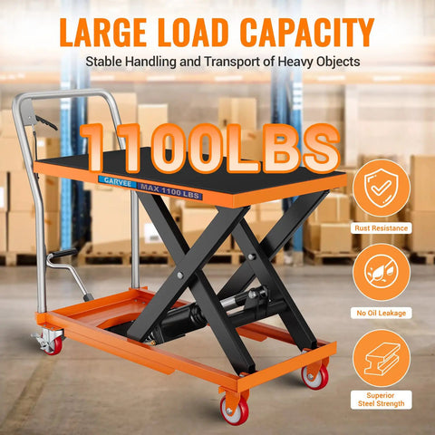 Rock Solid Hydraulic Lift Table Cart Featuring Single Scissor Platform designed to haul serious weight up to 1100Lbs rust resistant steel build.