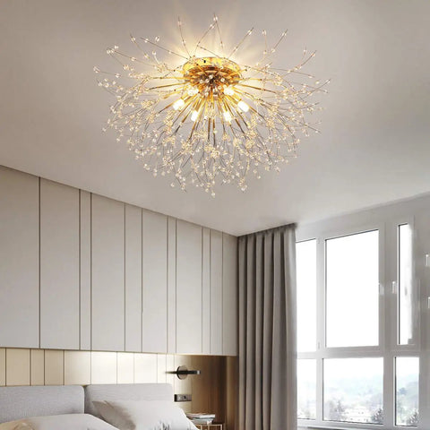 Six Light Firework Sputnik Statement Chandelier Modern Crystal Pendant Lighting Semi Flush Mount 24 Inch LED Gold Finish Fixture For Living Room And Dining Room 4000K Neutral White