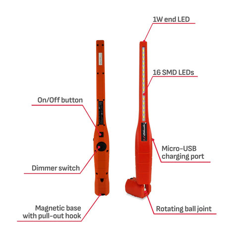 Slick Slim Inspection Lamp With Magnetic Work Light, 360 Degree Swivel And Tilt, Dimmer Switch, Two Lighting Modes SL184RU