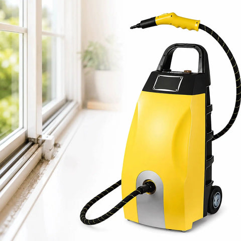 Industrial High Temp Steam Washer Boasting Hella Hot 230 Degree Vapor Output With Seven Pro Attachments To Nudge Kitchen Grease Car Grime And Stubborn Marks Right Off, yellow mobile steam cleaner with hose.