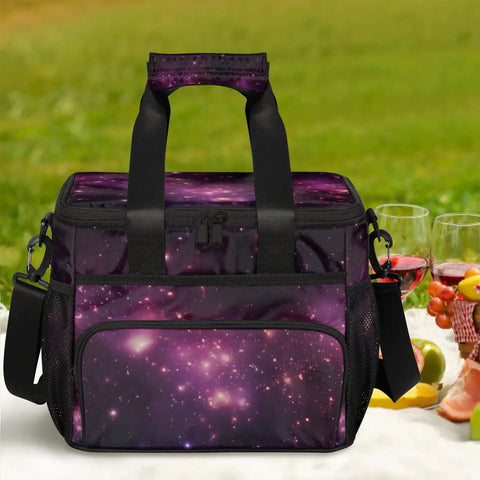Insulated Picnic Backpack Lunch Bag For On-The-Go Eats, Large 12x8.7x10in, galaxy print with wine and snacks on grass