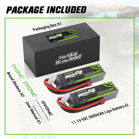 Package contents with Two-Pack 11.1V 3S 3000mAh 50C LiPo Battery With Dean-Style T Connector for RC models and accessories.