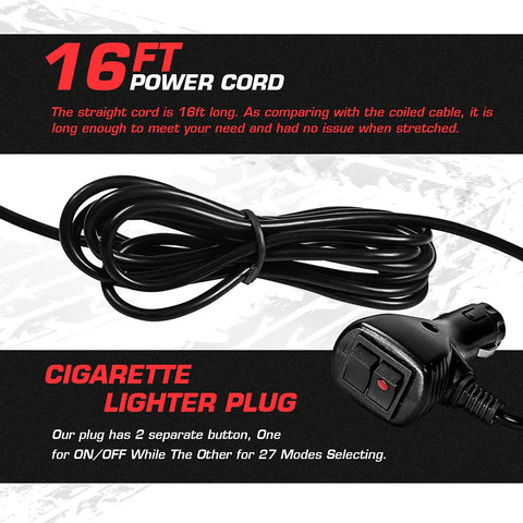 16ft power cord with a cigarette lighter plug, designed for easy connection to 37.5 Inch 78 Led Strobe Light Bar.