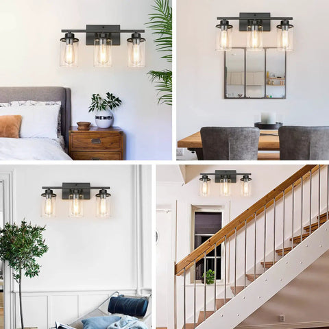 Slick Black 3 Light Vanity Light Fixtures Over Mirror With Clear Glass Shades in various room settings.