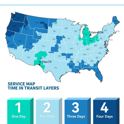 Service map showing time in transit layers across the U.S. with areas marked in different colors for 1 to 4 days delivery.