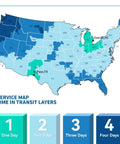 Shipping transit time map showing delivery days across the United States with highlighted areas in El Paso, TX and Detroit, MI.