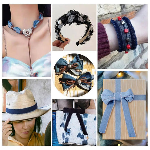 DIY jewelry and craft projects using Polycotton Denim Fringe Ribbon 1 Inch Wide Raw Edged 4 Yards Pack, showcasing various accessories.